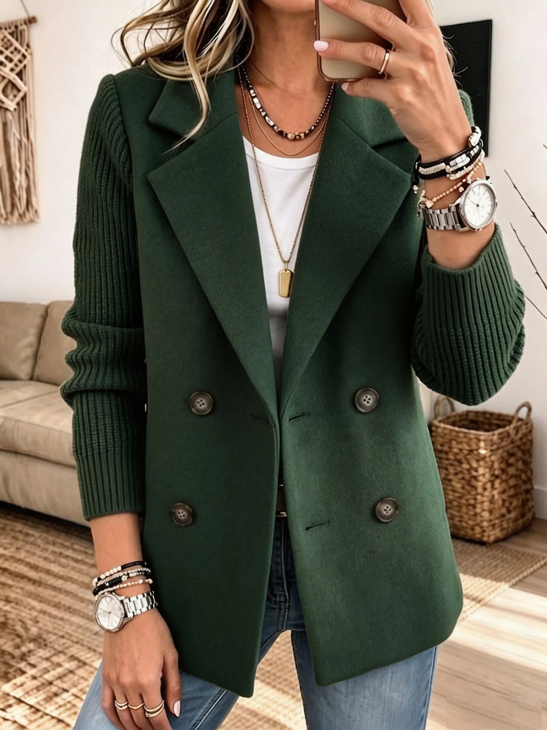 Adalene - Knit Sleeve Double Breasted Blazer