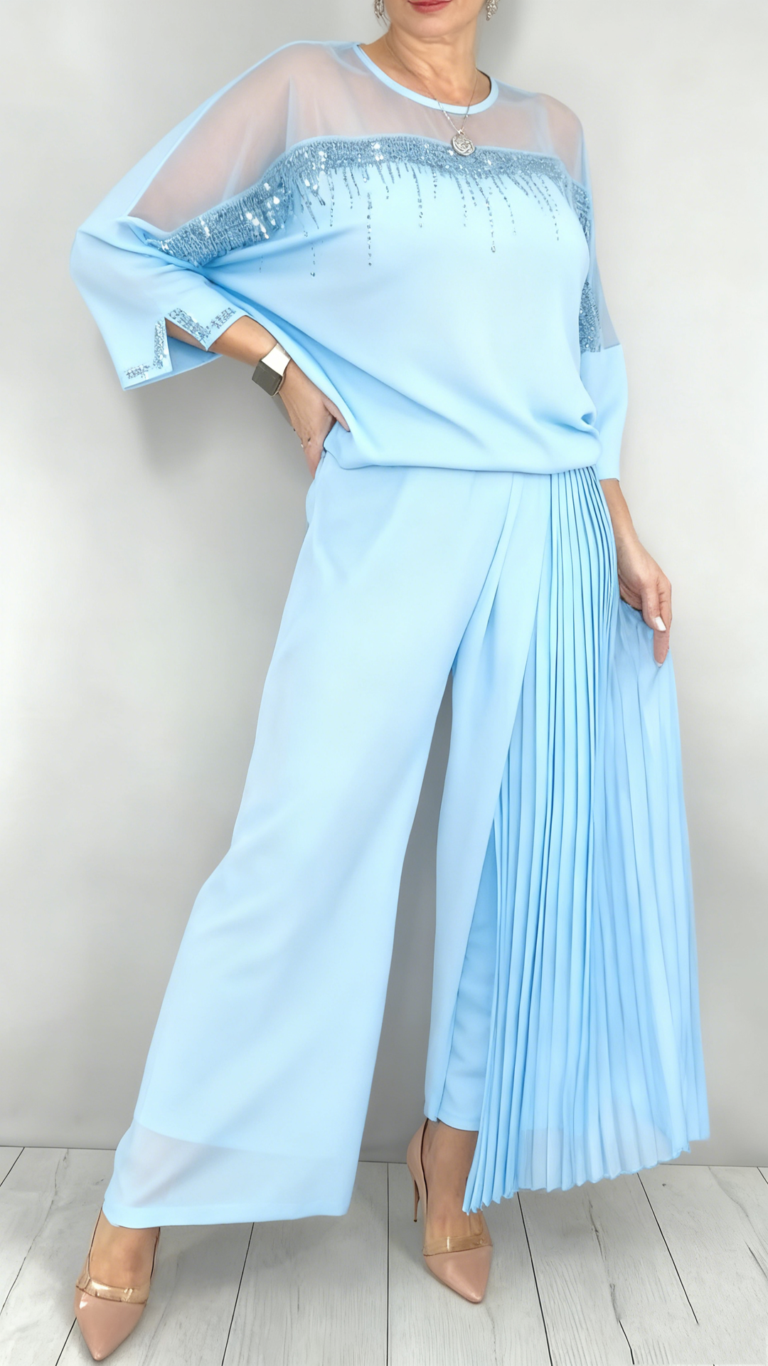 Caia - Embellished Pleated Two Piece Pants Set