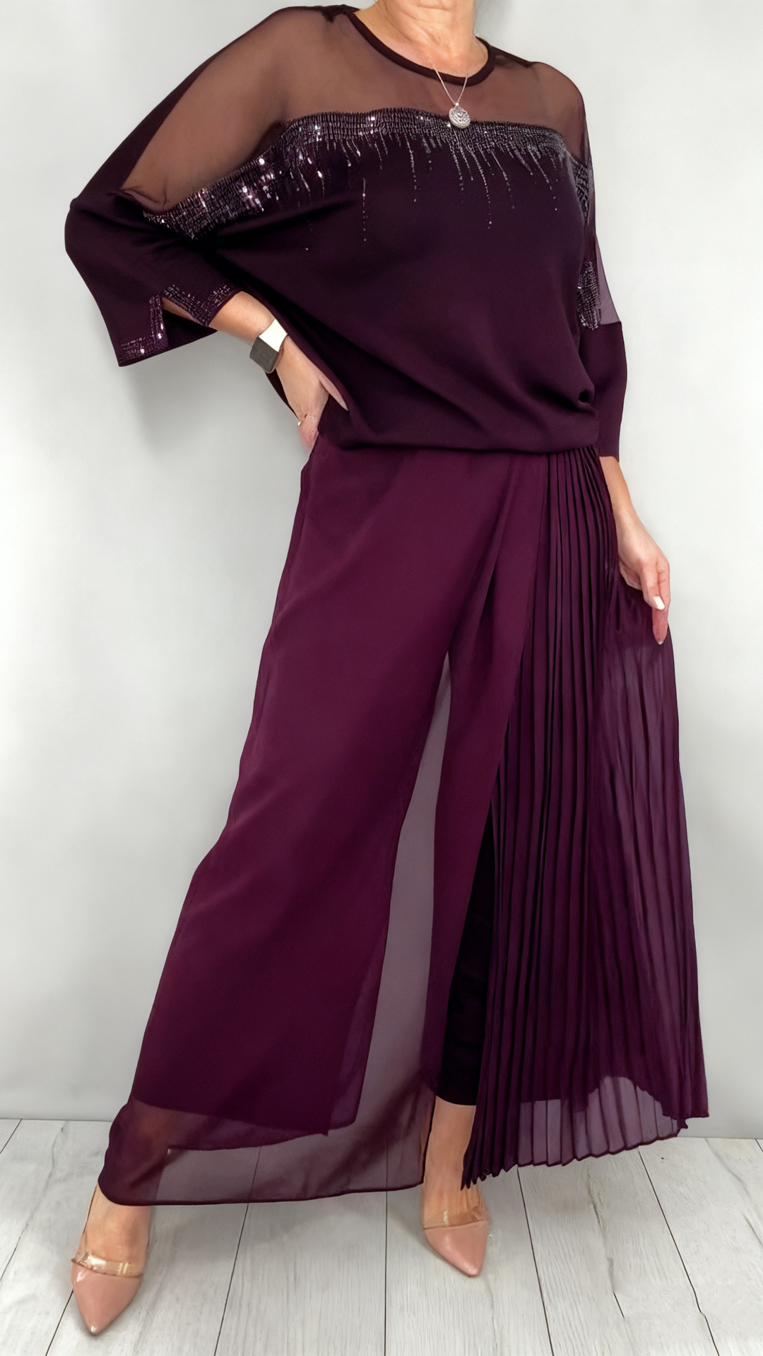 Caia - Embellished Pleated Two Piece Pants Set
