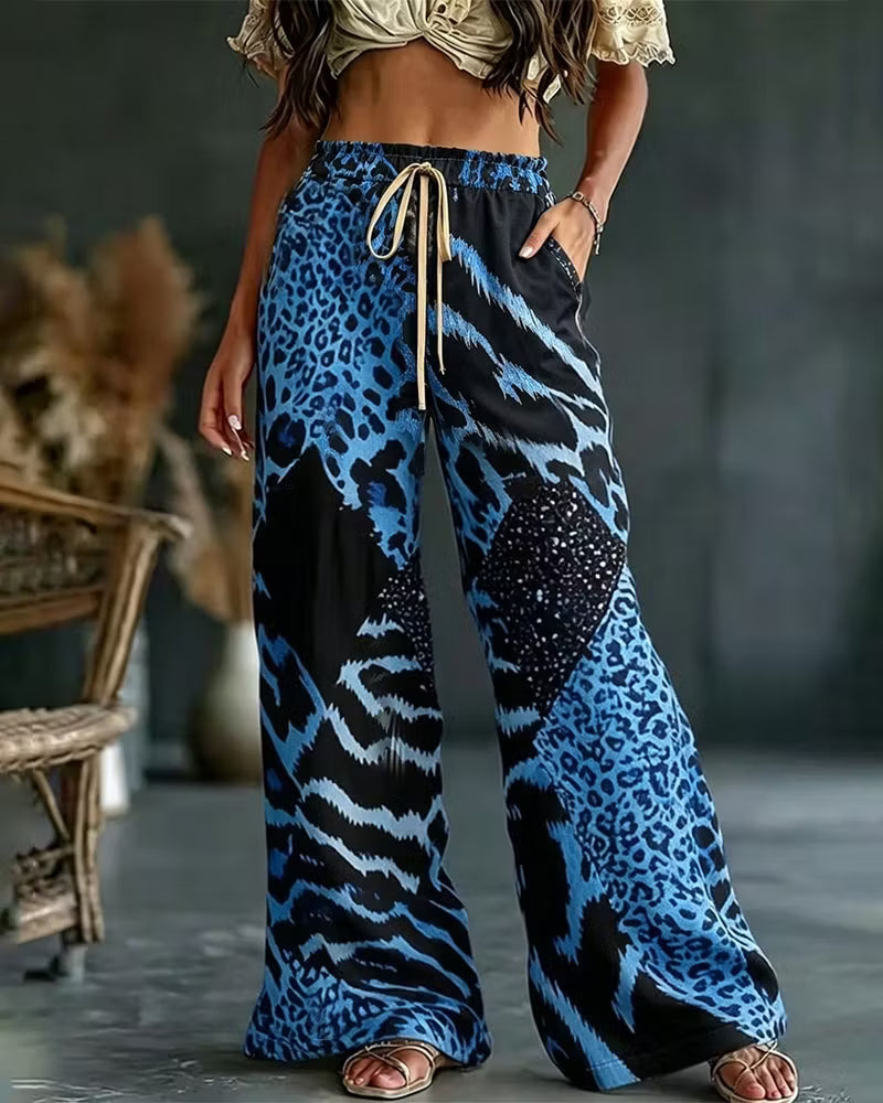 Elfrida - Soft-Touch Leopard Patchwork Wide-Leg Trousers
