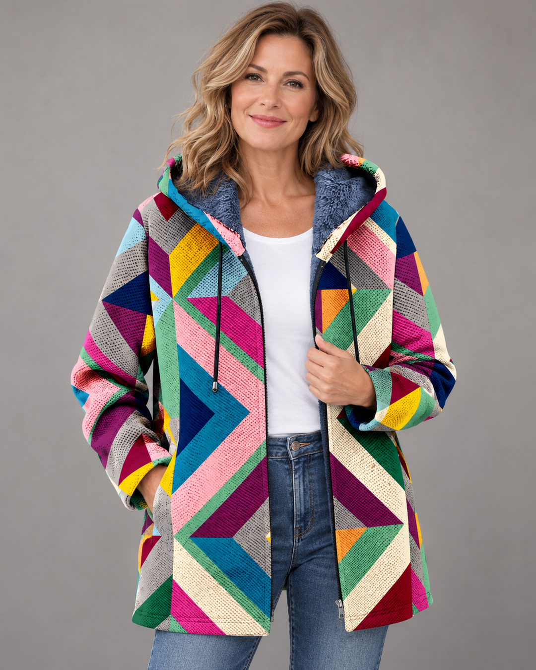 Betha - Geometric Plush Lined Hooded Jacket