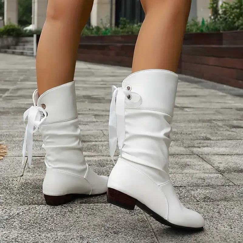 Hilda - Ruched Lace Up Mid Calf Boots