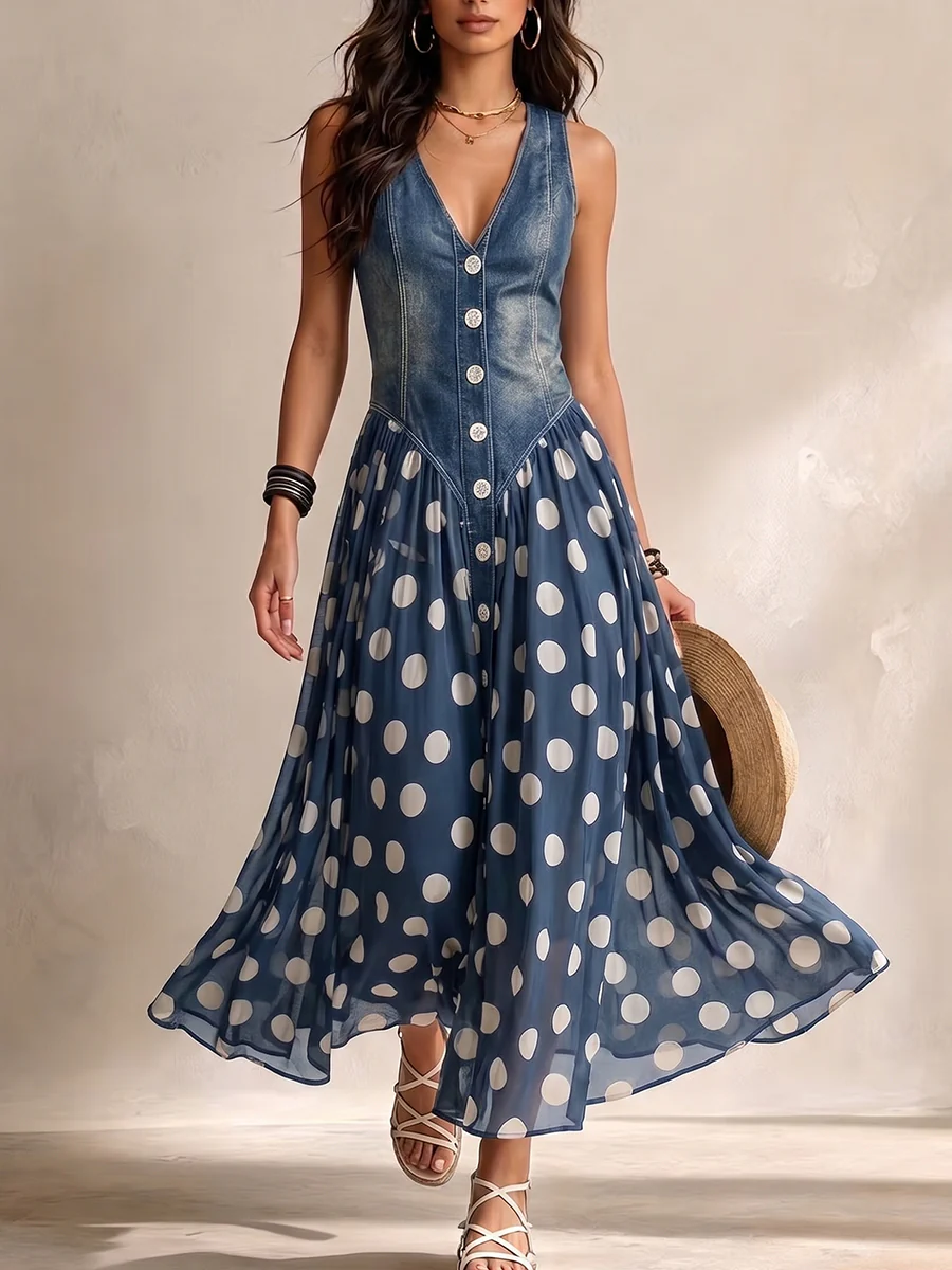 Ameliora - Mixed-Media Polka Dot Dress