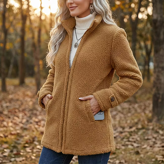 Lana - Textured Zip Front Mid Length Jacket