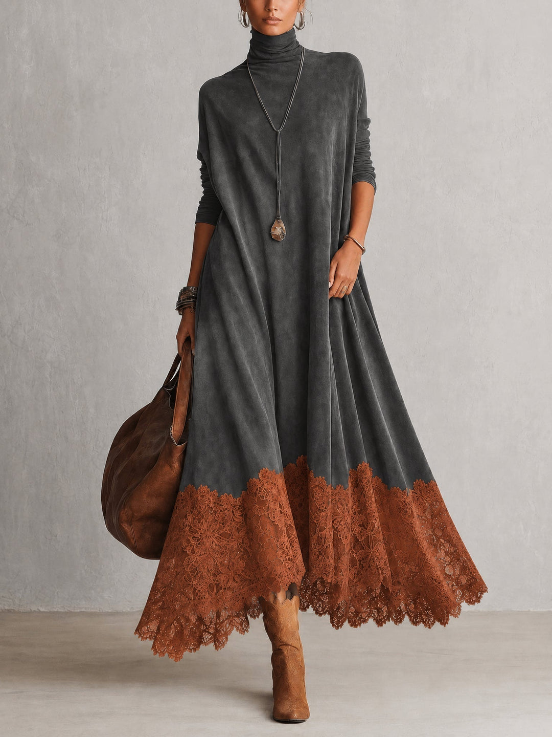 Maelis - Velvety Lace-Trim Maxi Dress