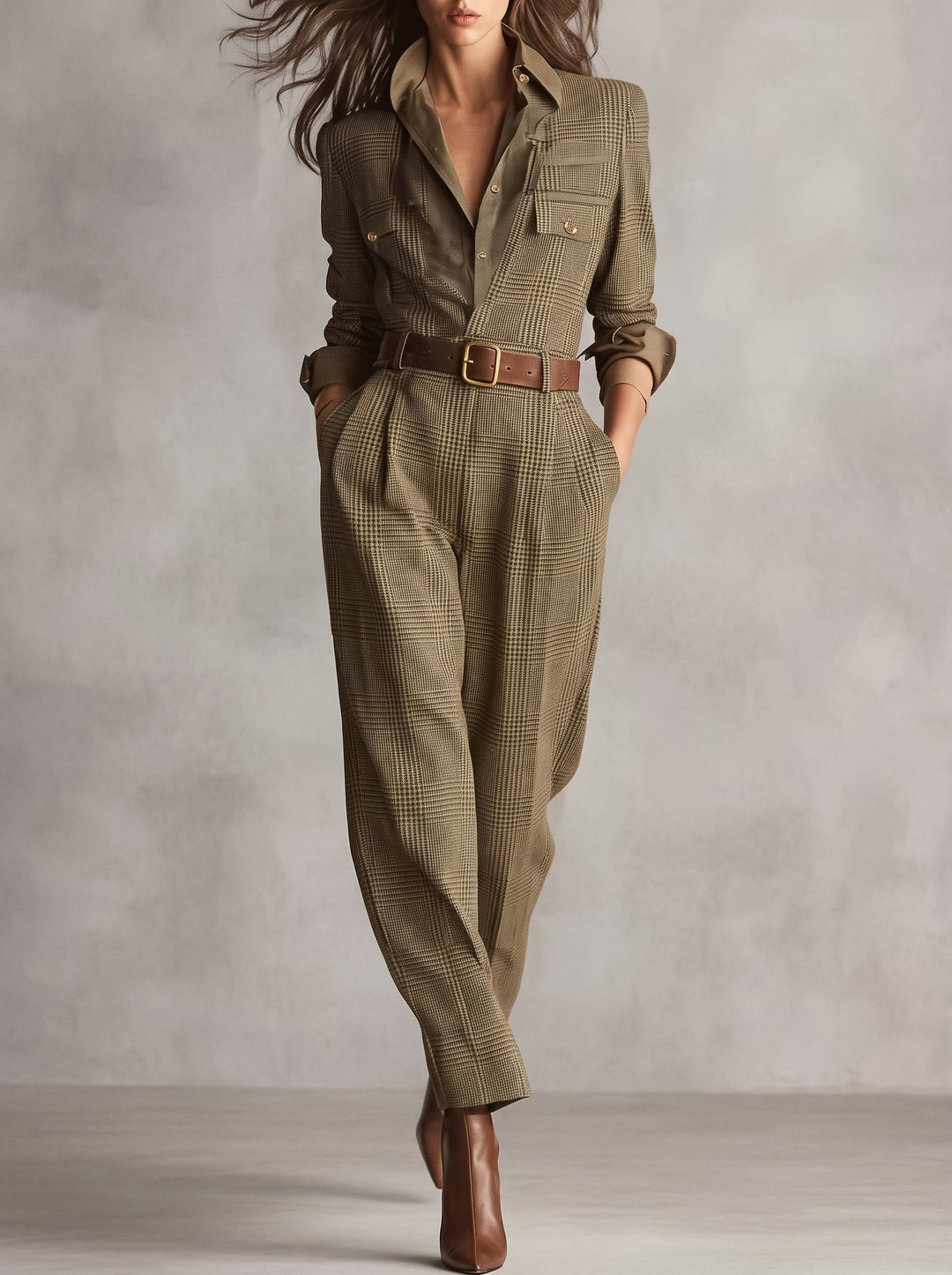 Eulie - Belted Check Print Jumpsuit