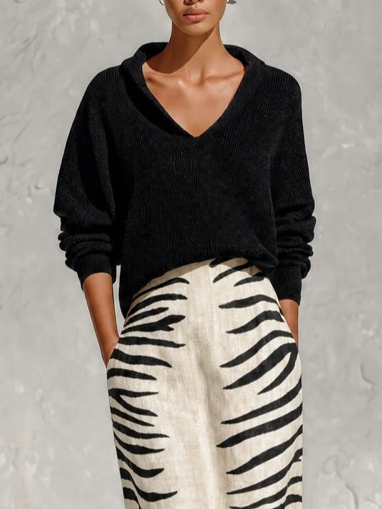 Aelyra - Soft-Touch Knit Jumper & Linen Zebra-Print Midi Skirt Set