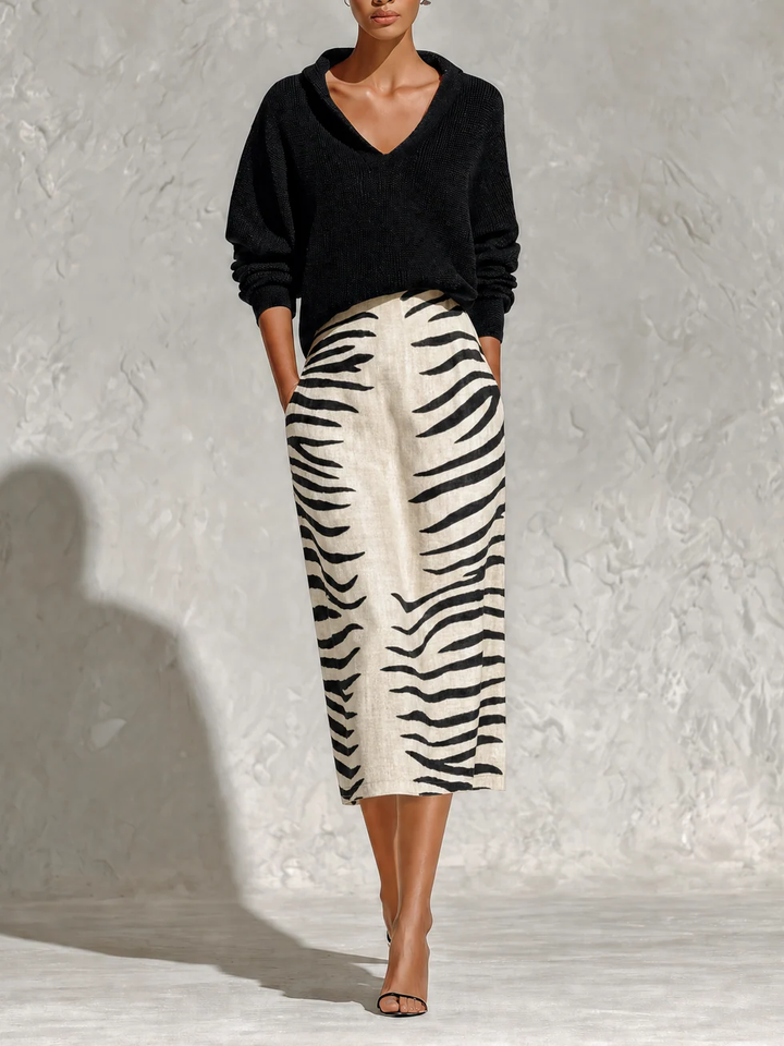 Aelyra - Soft-Touch Knit Jumper & Linen Zebra-Print Midi Skirt Set