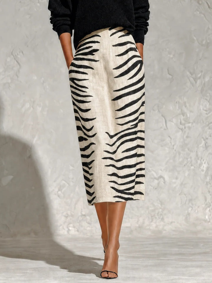 Aelyra - Soft-Touch Knit Jumper & Linen Zebra-Print Midi Skirt Set