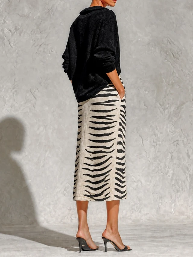 Aelyra - Soft-Touch Knit Jumper & Linen Zebra-Print Midi Skirt Set