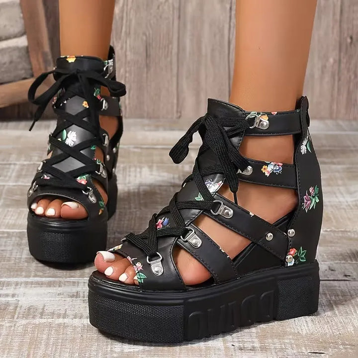 Gaelina - Floral Lace Up Platform Sandals