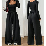 Alise - Ruched Square Neck Wide Leg Jumpsuit