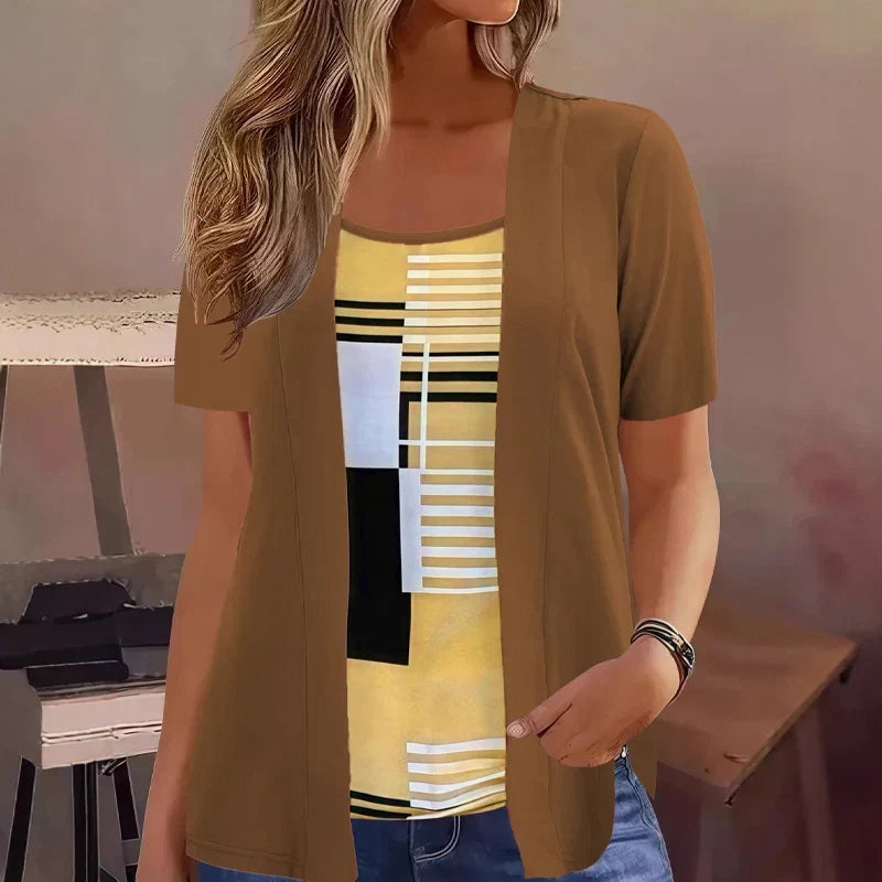 Celiora - Modern Print Cardigan Blouse Set